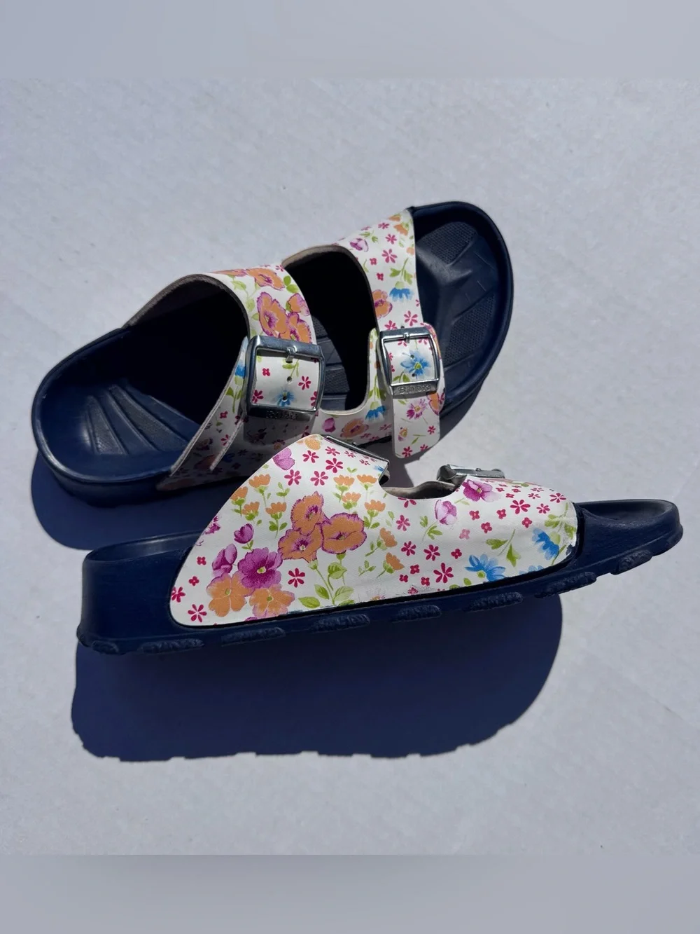 Birki’s Floral Double Strap Sandals White Pink Blue Comfort Slides 36